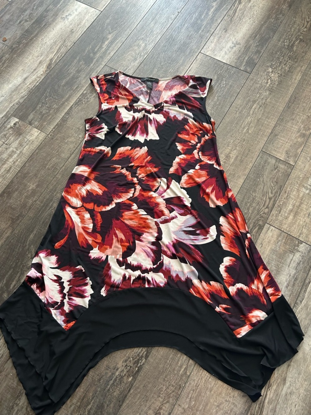 Ashley Stewart Black Dress with Red & Pink Floral Asymmetric Hem. 14. Ch1